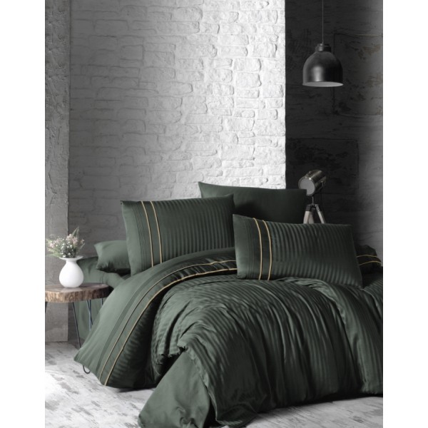 Постельное белье (Сатин де люкс) DARK евро (Stripe Style Dark Green)